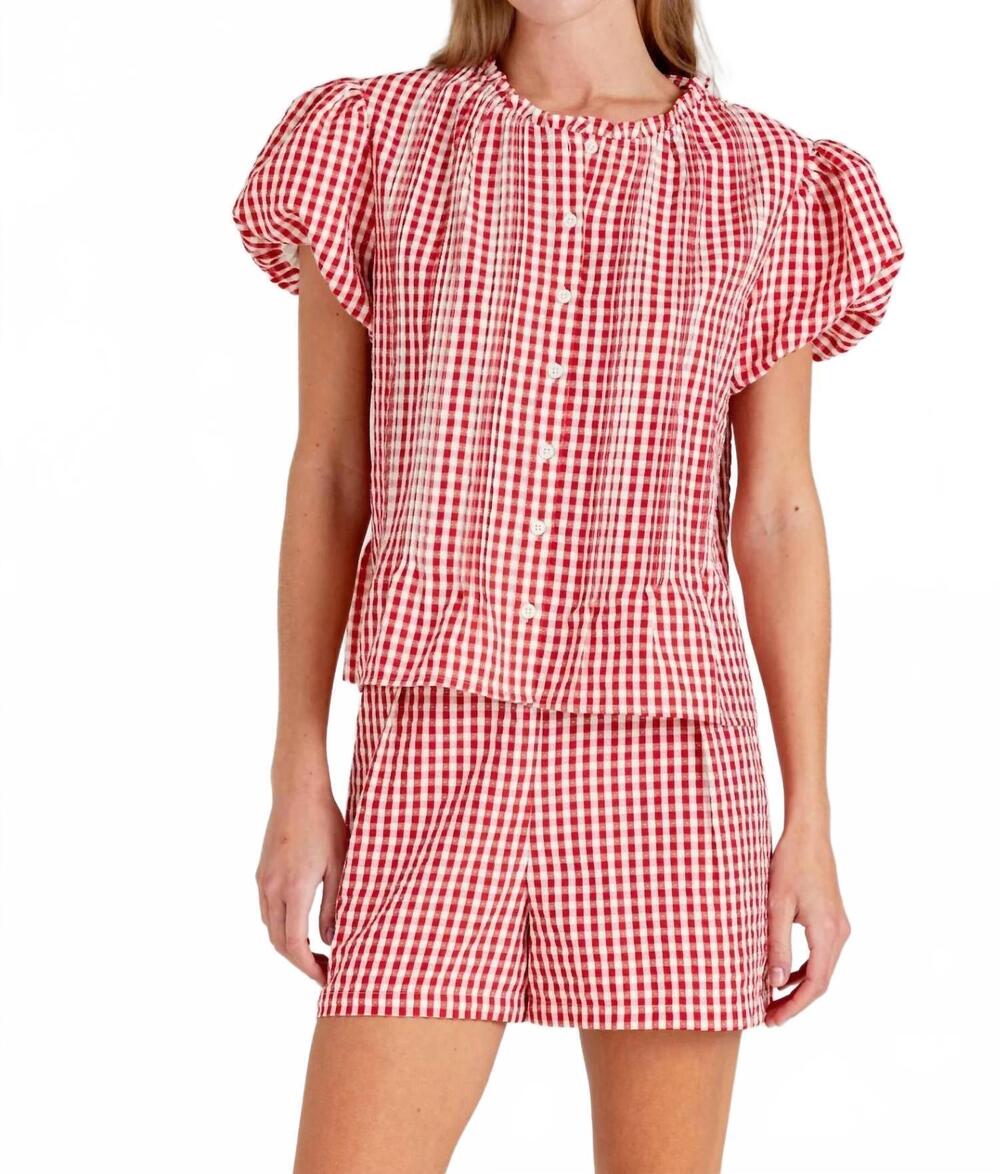 NEW SUNDAYS arden bubble sleeves top in montauk gingham